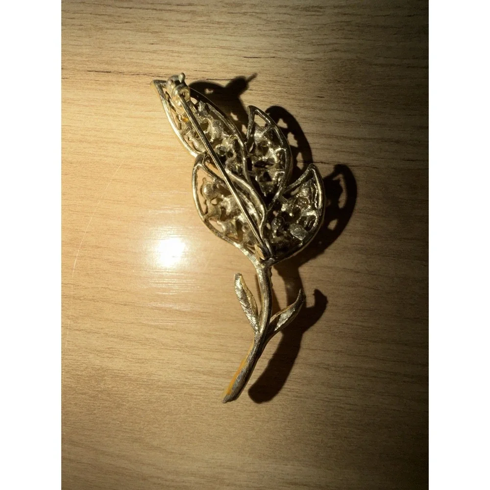 Vintage Leaf Spray Brooch Green Rhinestone Gold Tone Plant Spring MCM